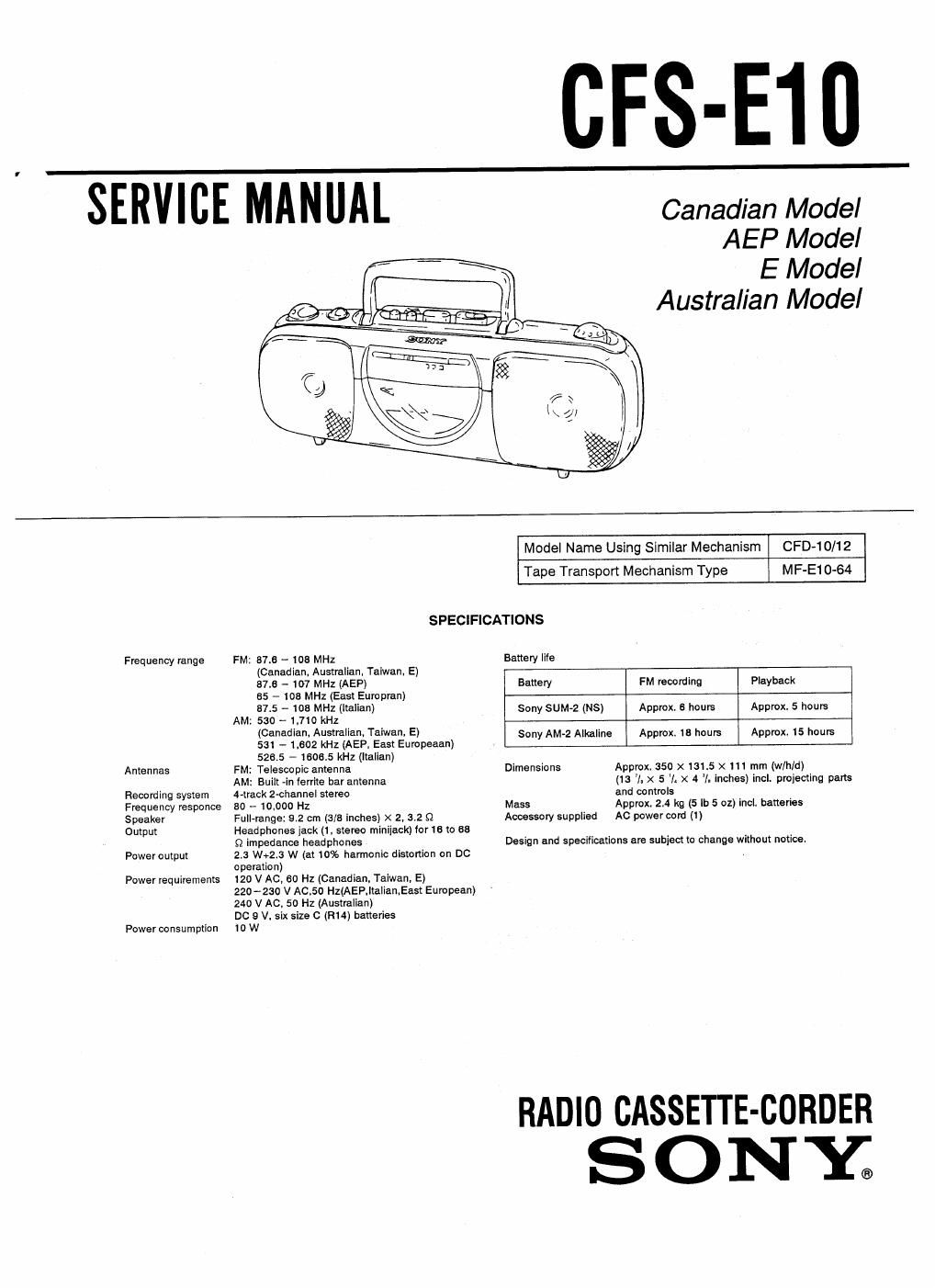 sony cfs e 10 service manual