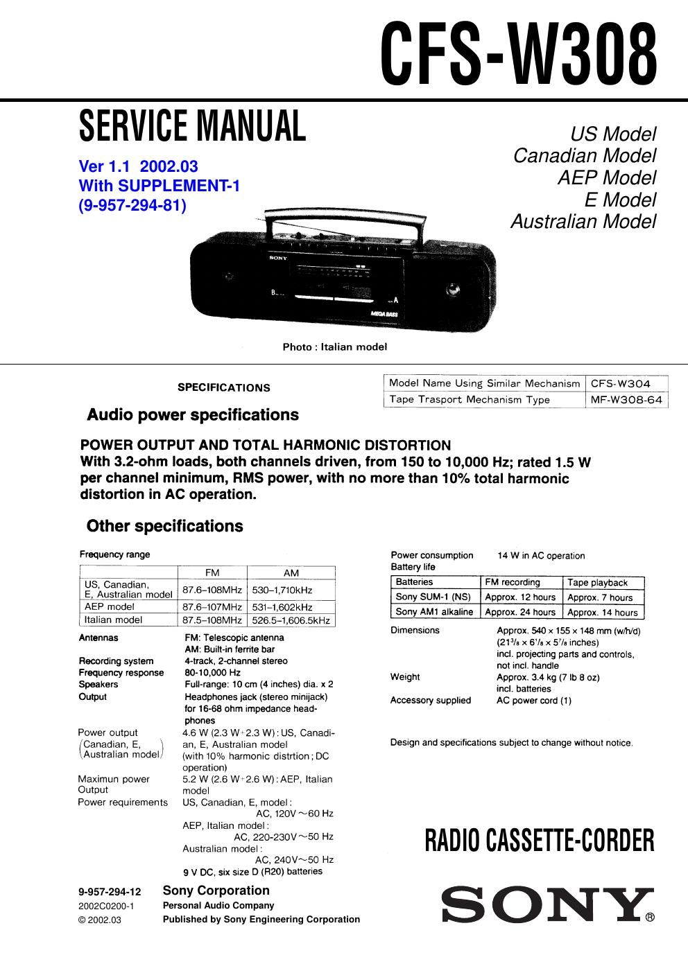 sony cfs w 308 service manual