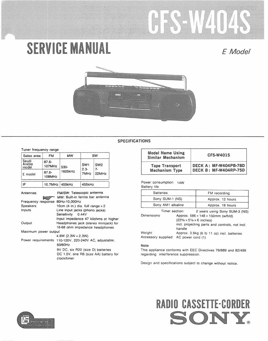 sony cfs w 404 s service manual