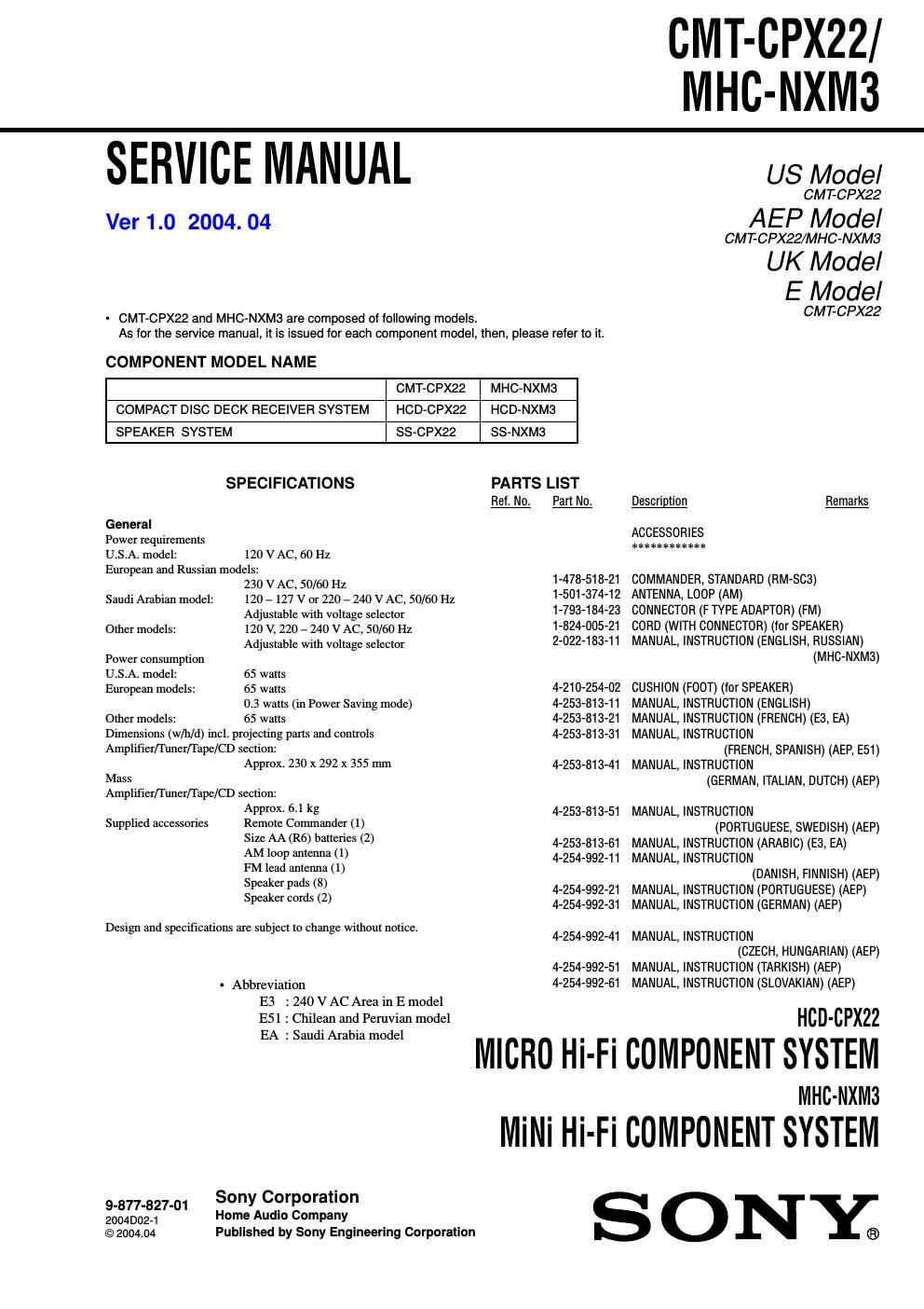 sony cmt cpx 22 service manual