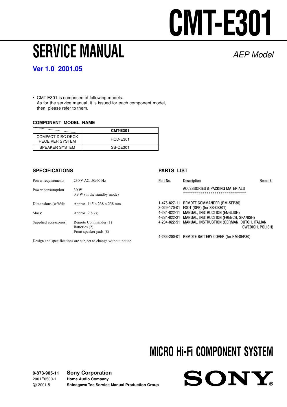 sony cmt e 301 service manual