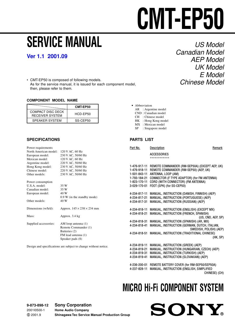 sony cmt ep 50 service manual