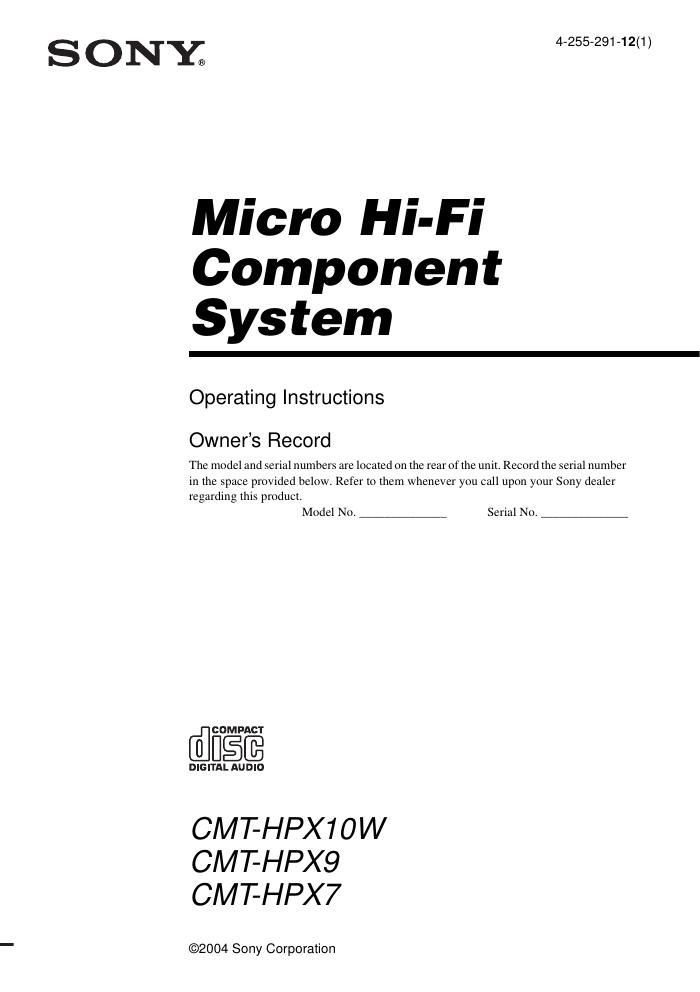 sony cmt hpx 10 w owners manual