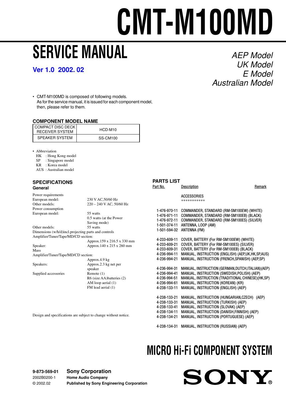 sony cmt m 100 md service manual