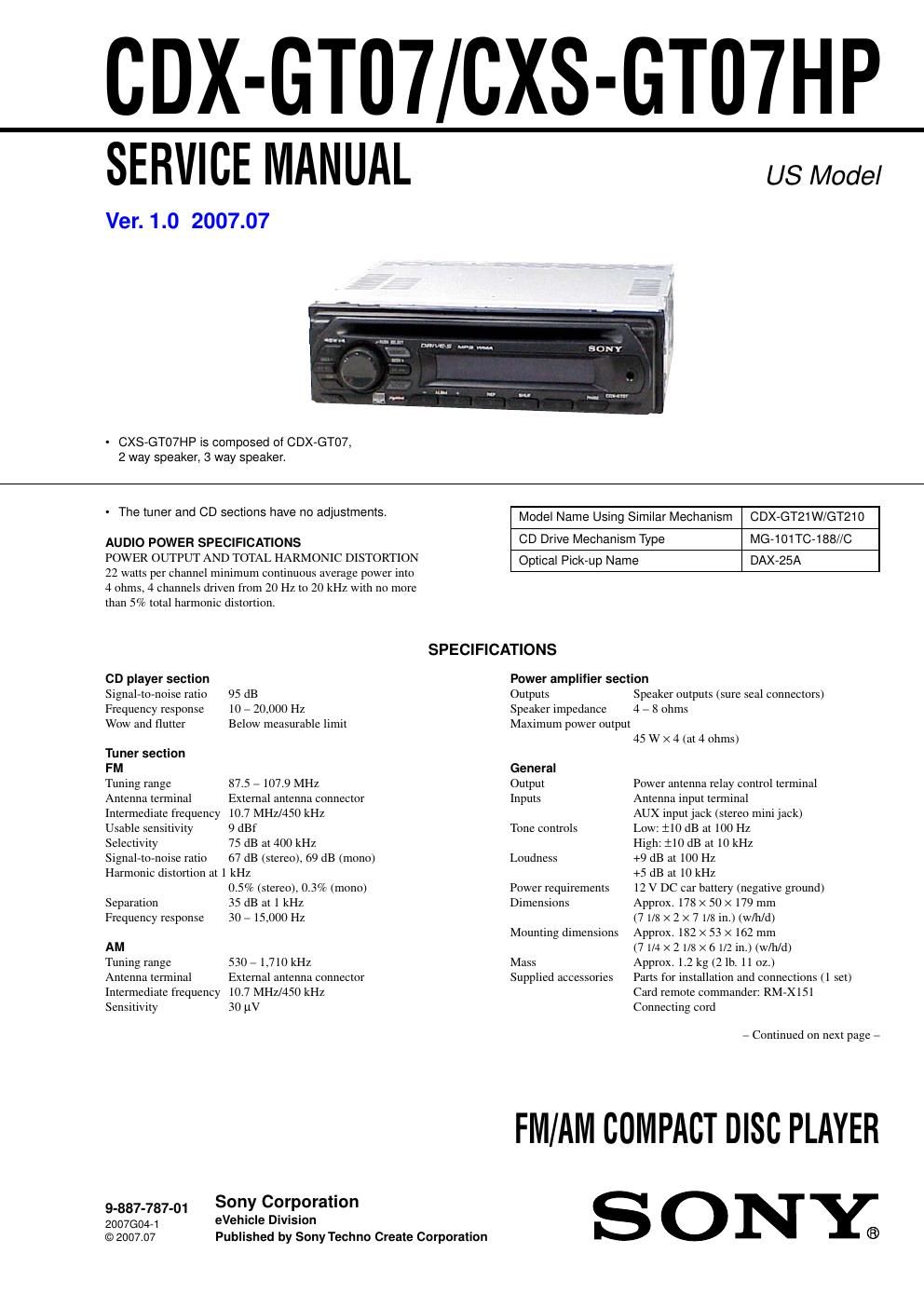 sony cxs gt 07 hp service manual