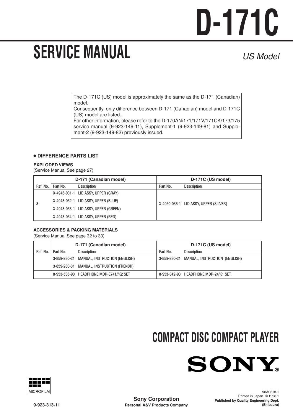 sony d 171 c service manual