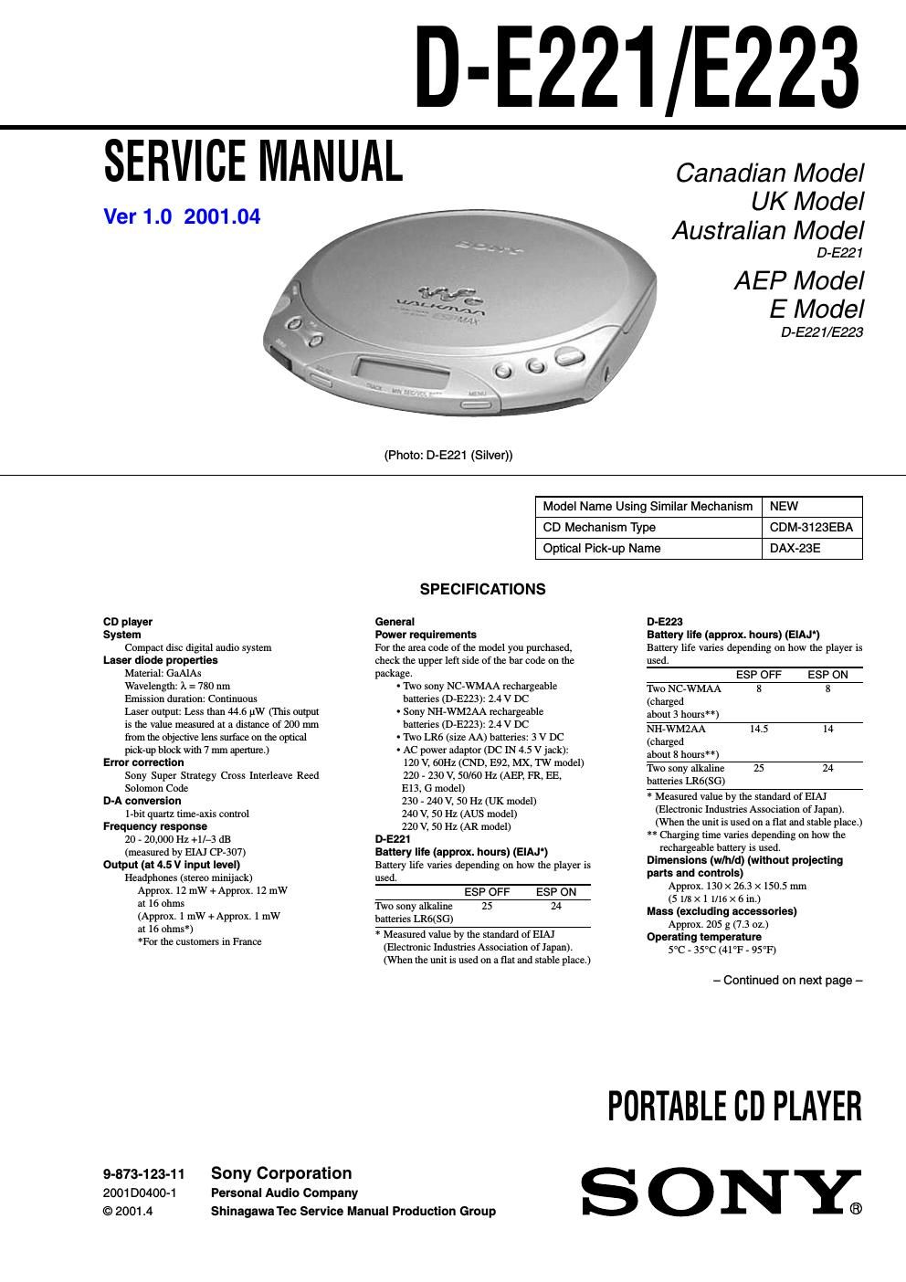 sony d e 221 service manual