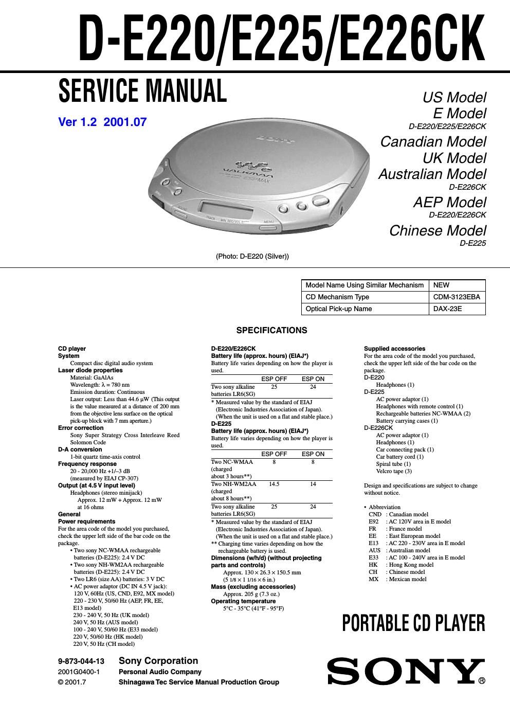 sony d e 225 service manual