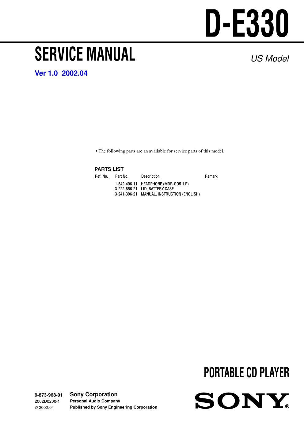 sony d e 330 service manual