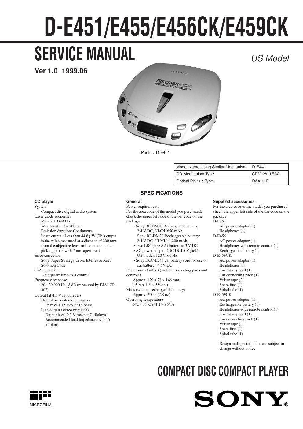 sony d e 451 service manual