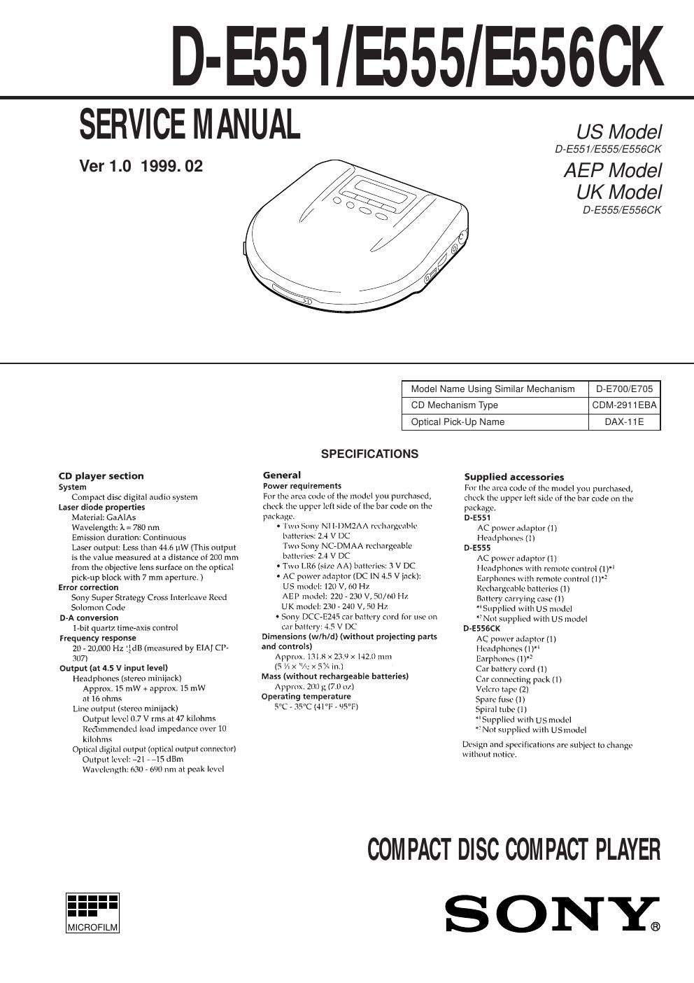 sony d e 551 service manual