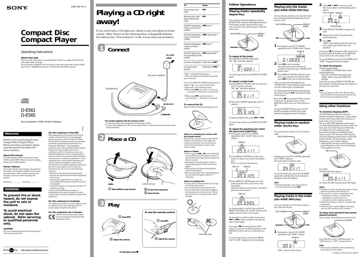 sony d e 561 owners manual