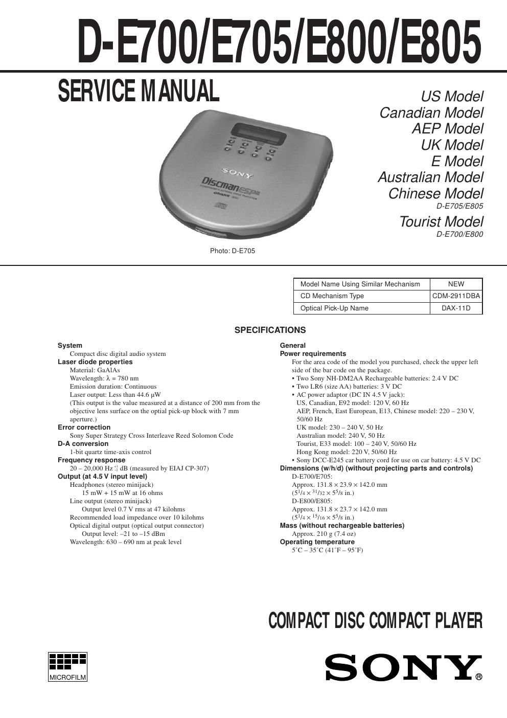 sony d e 700 service manual