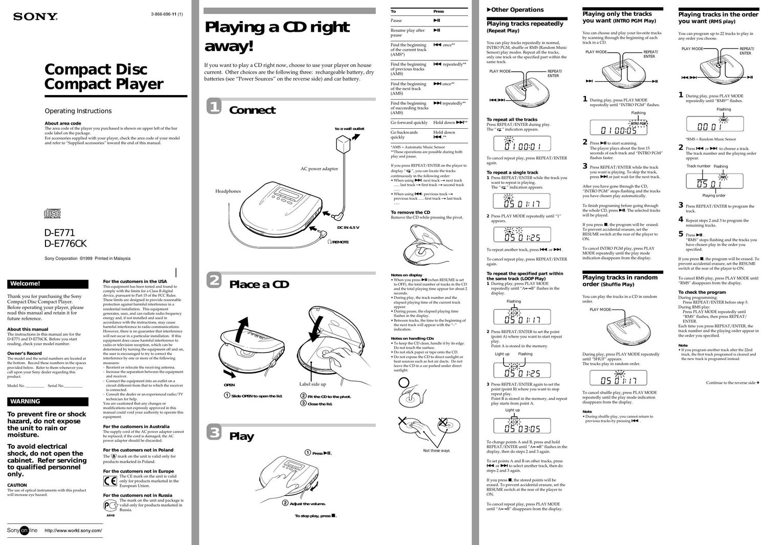 sony d e 771 owners manual