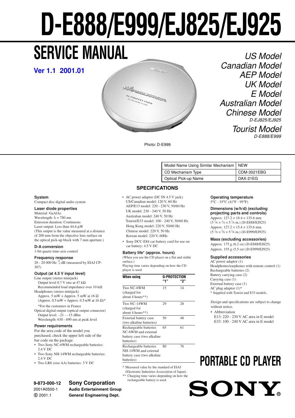 sony d e 825 service manual