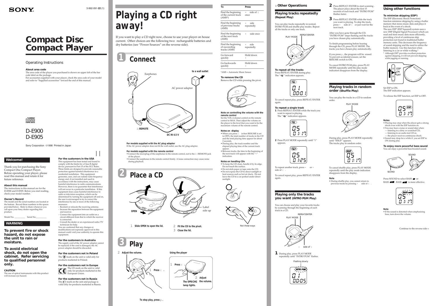 sony d e 900 owners manual