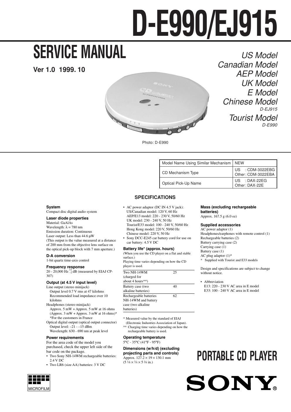 sony d e 990 service manual