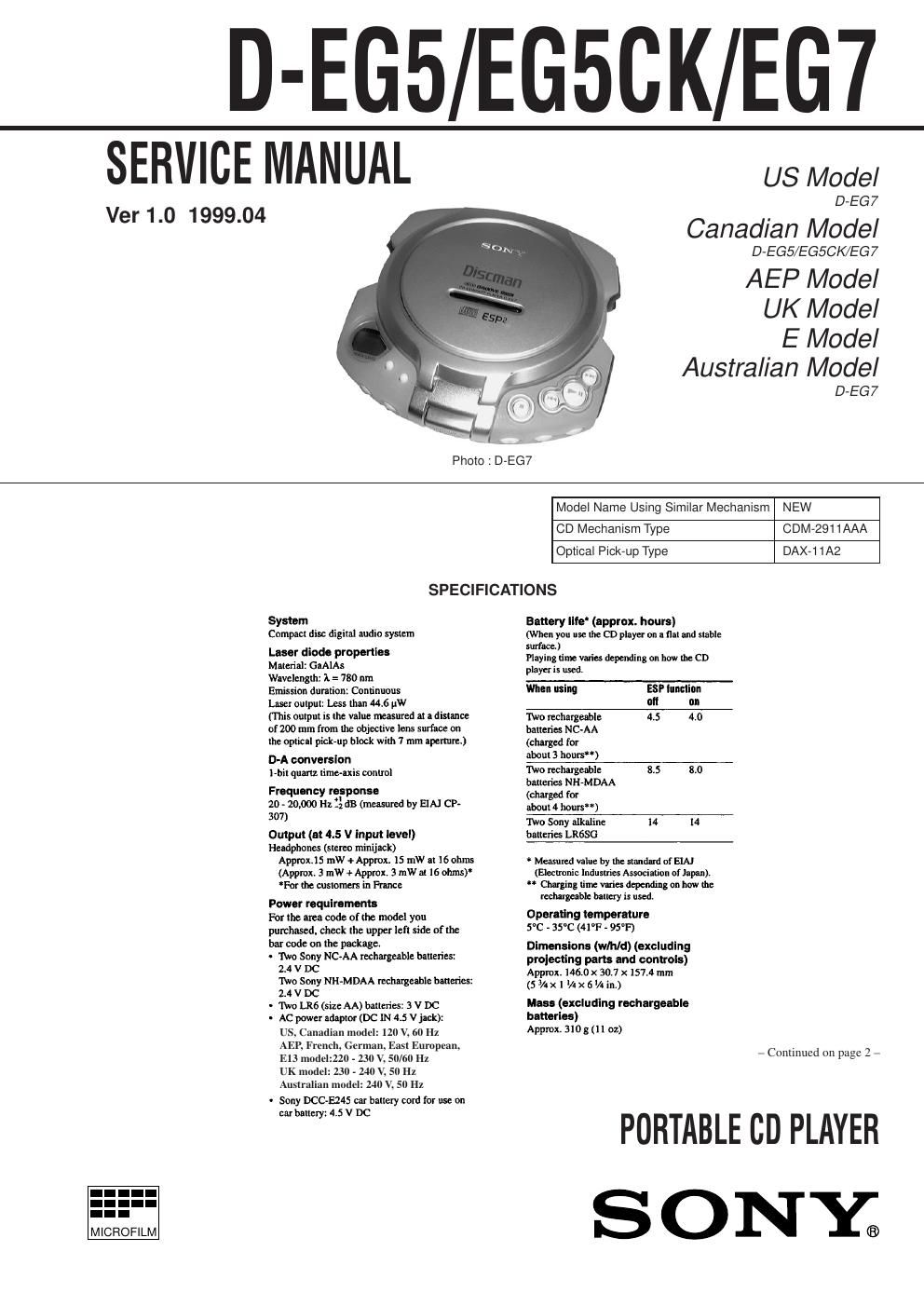 sony d eg 5 service manual