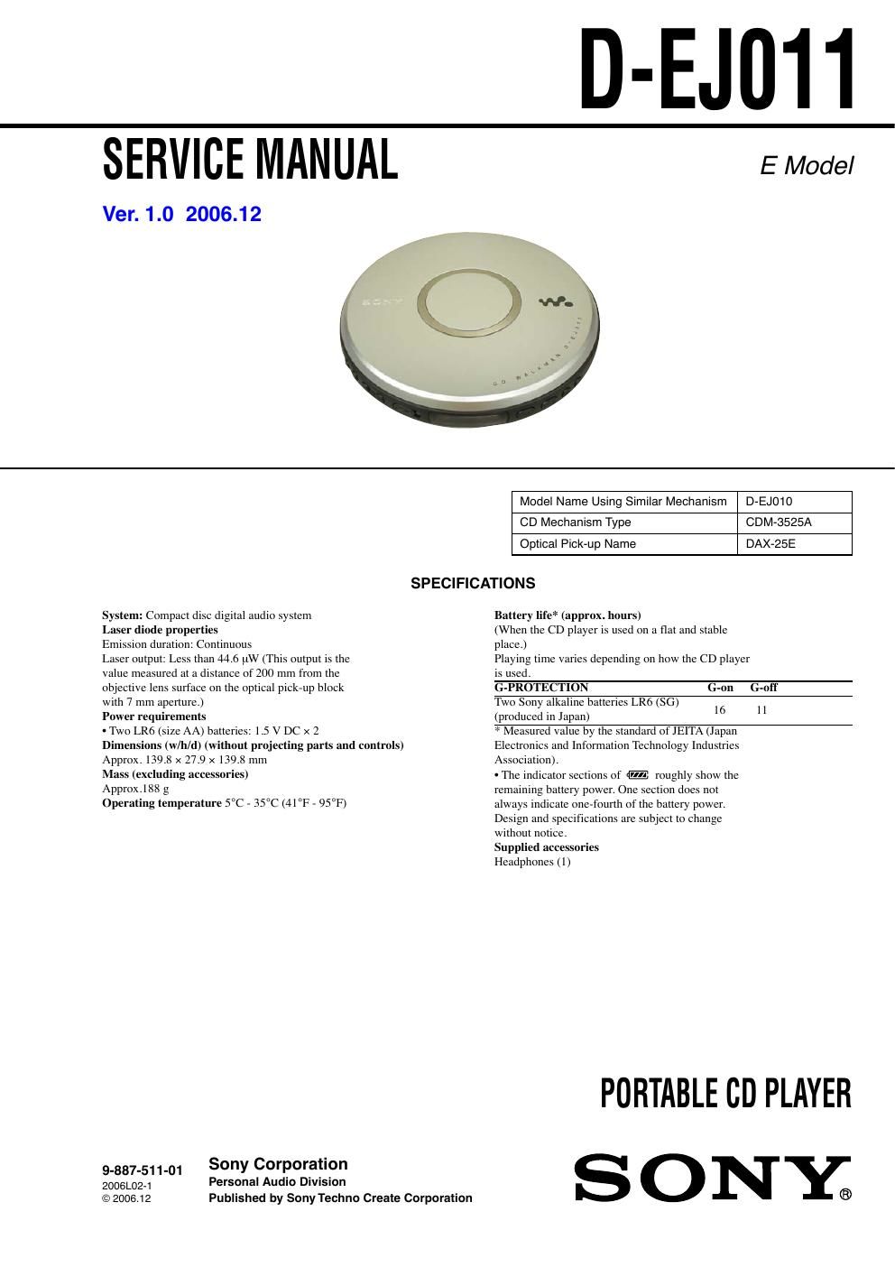 sony d ej 011 service manual