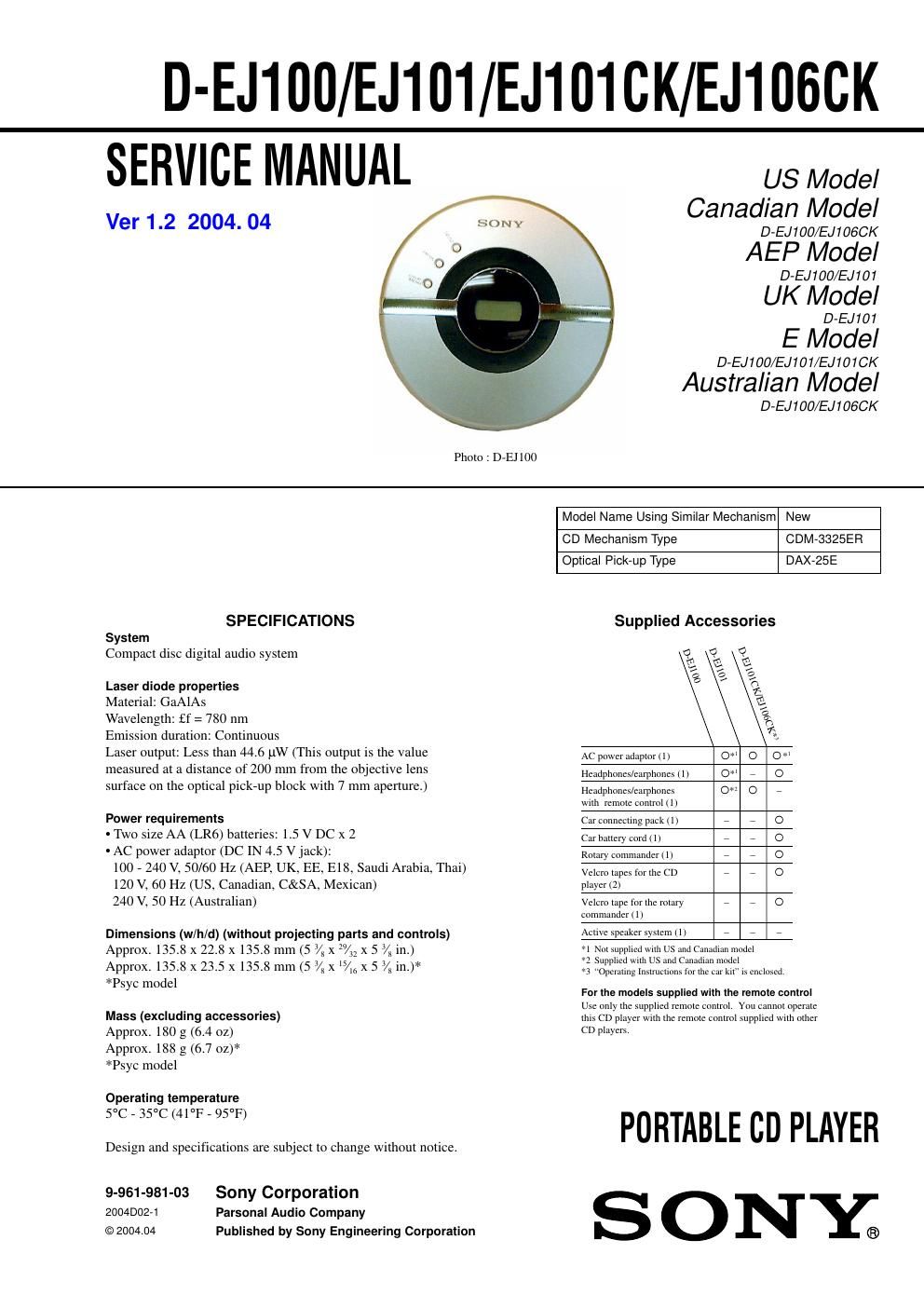 sony d ej 100 service manual