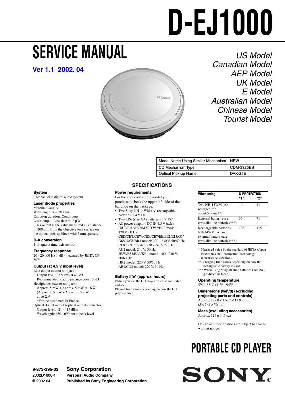 sony d ej 1000 service manual