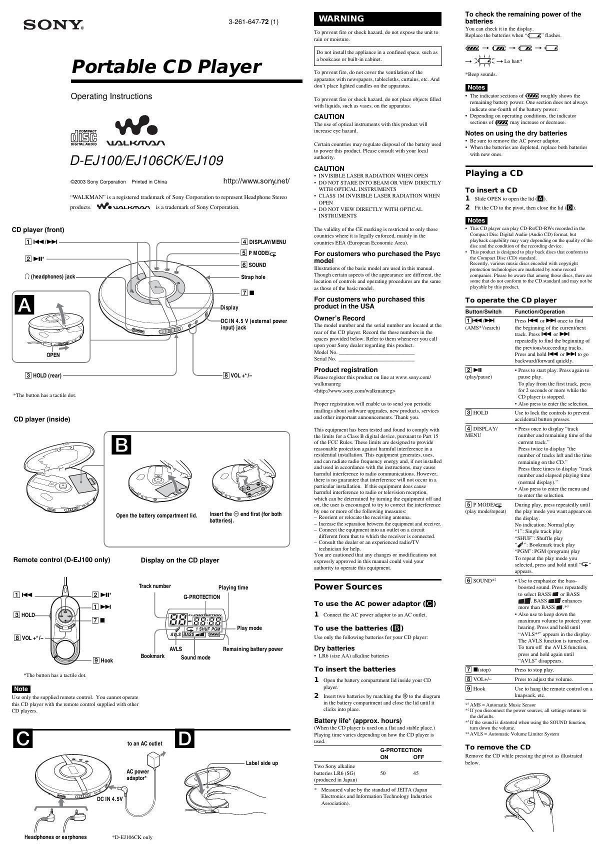 sony d ej 109 owners manual