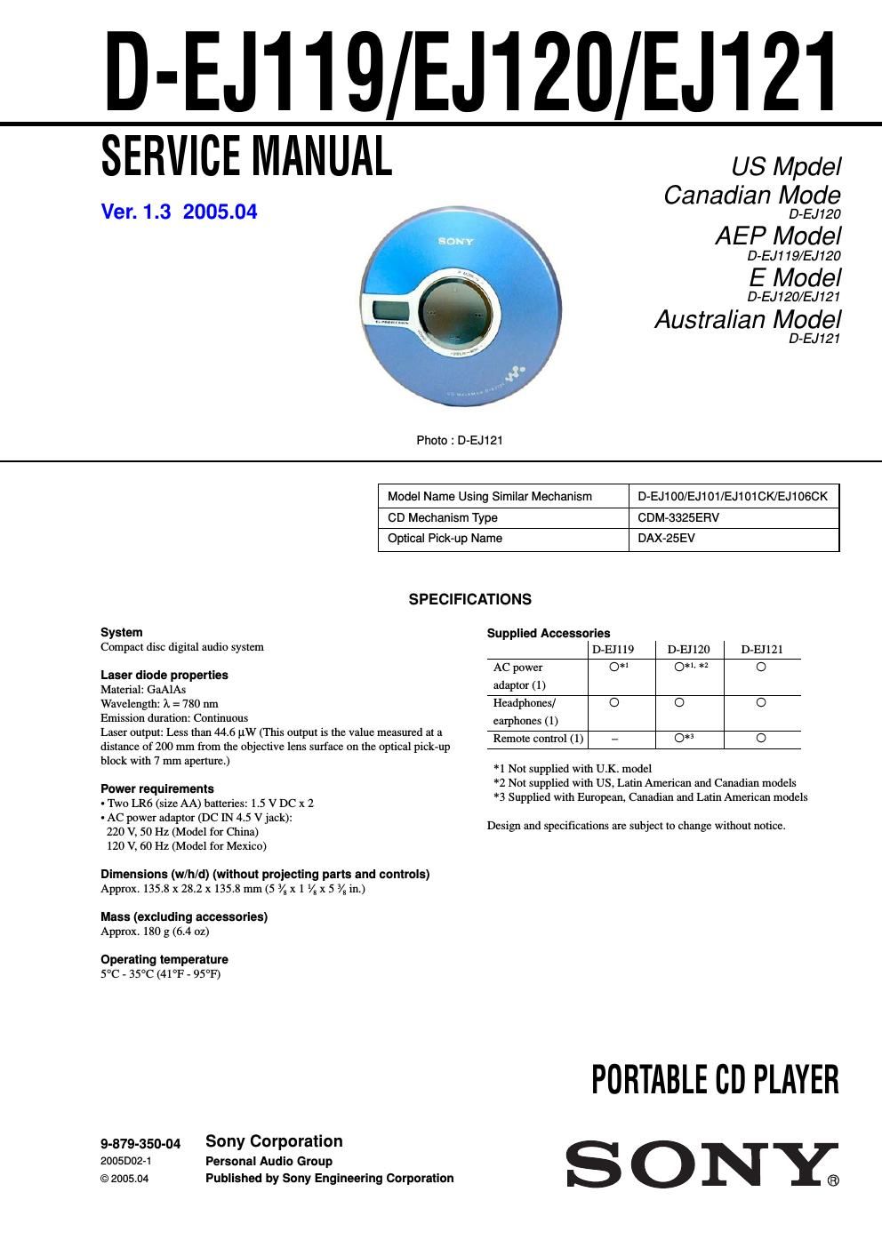 sony d ej 119 service manual