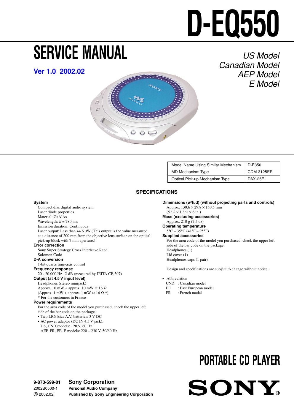 sony d eq 550 service manual