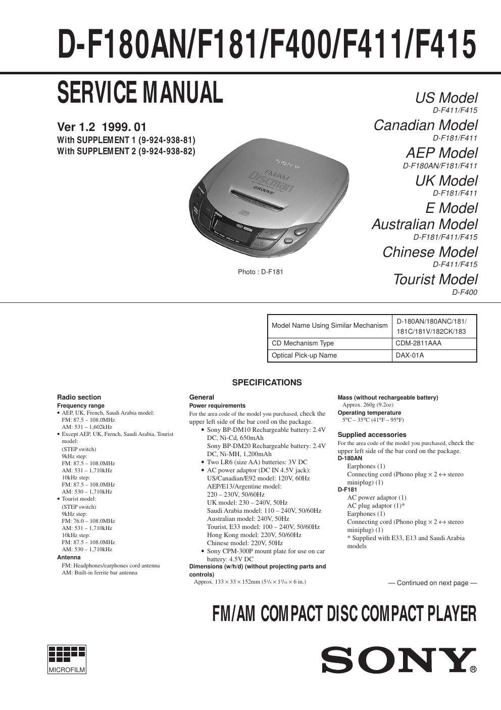 sony d f 181 service manual