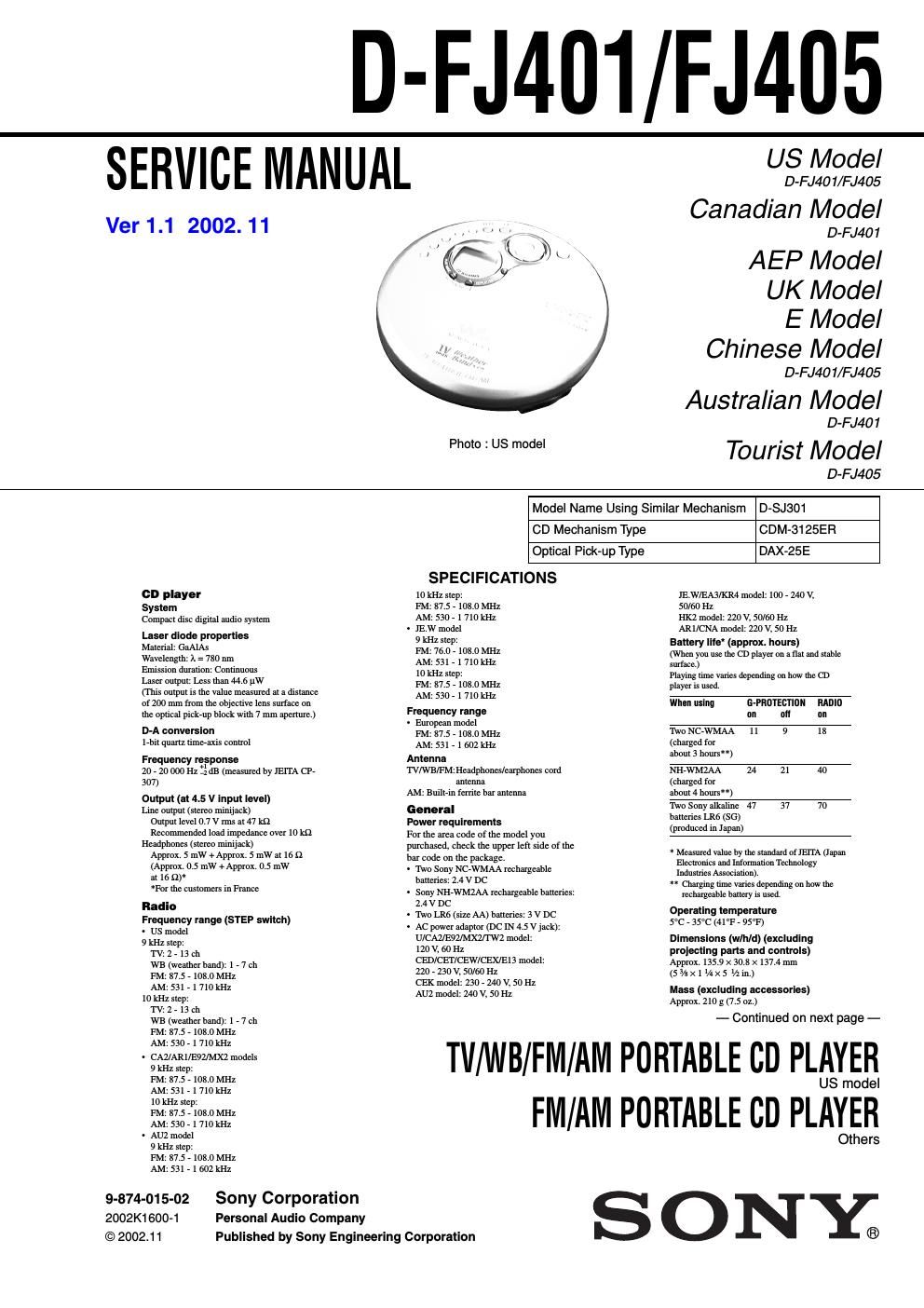 sony d fj 405 service manual