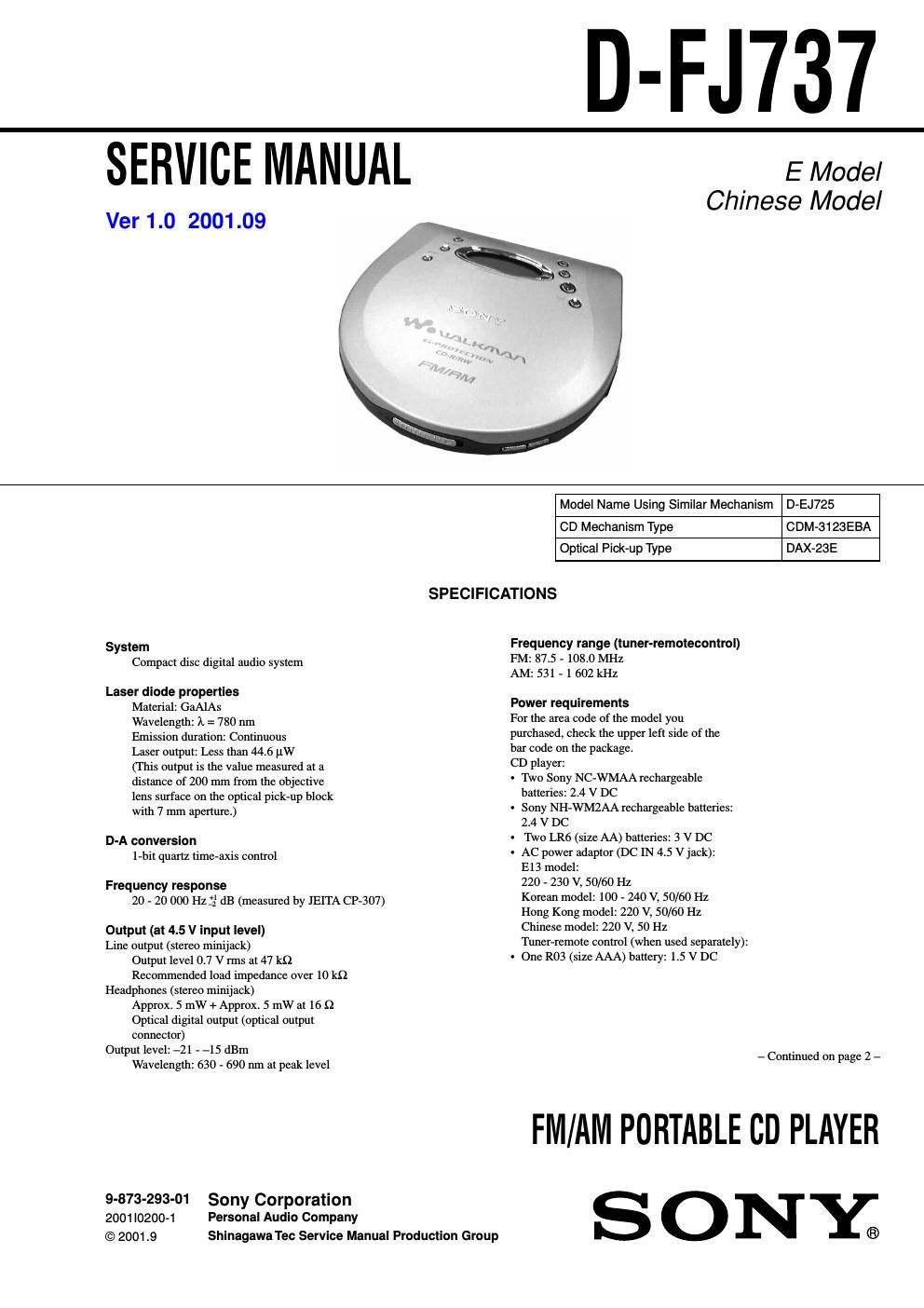 sony d fj 737 service manual