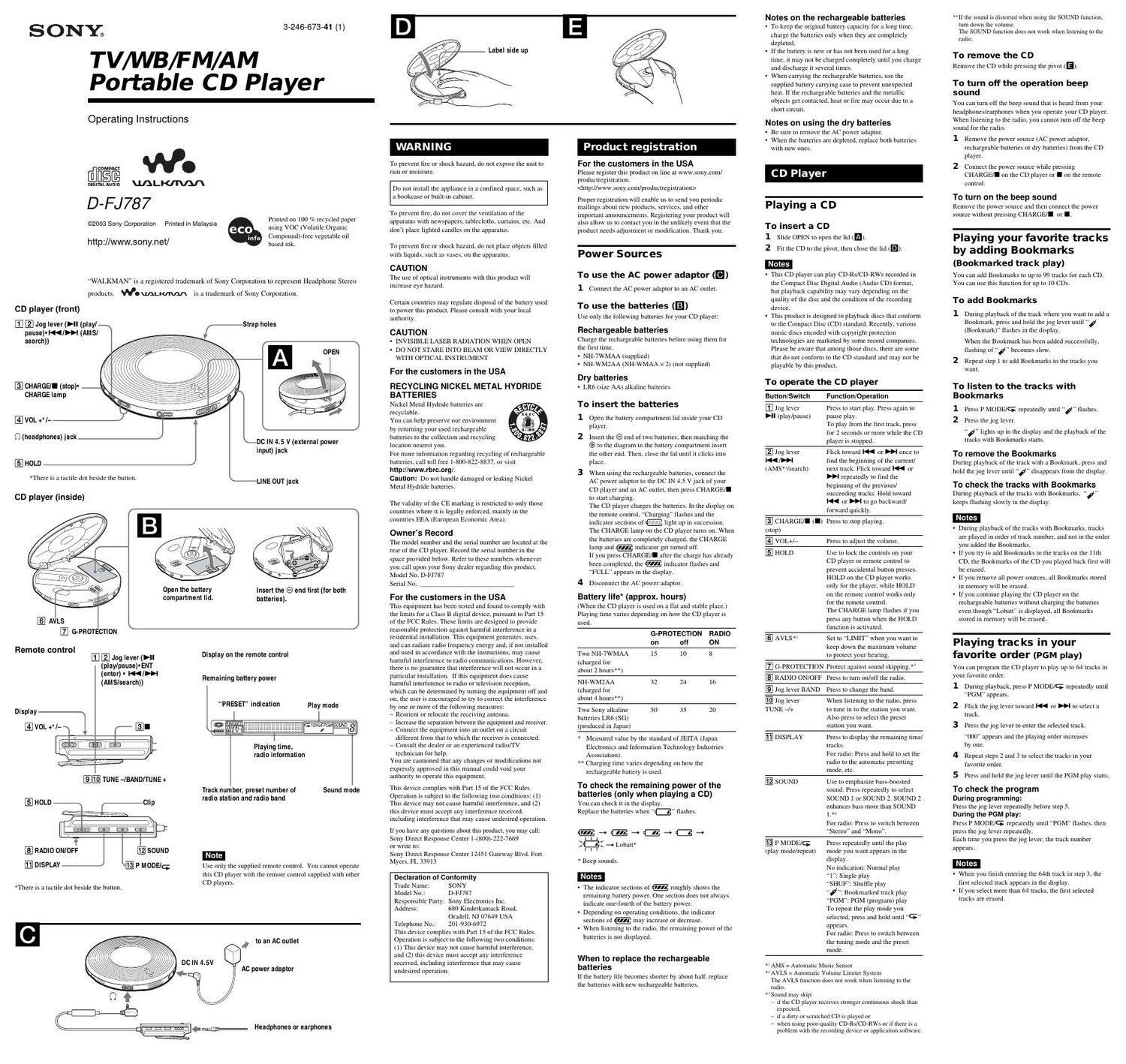 sony d fj 787 owners manual