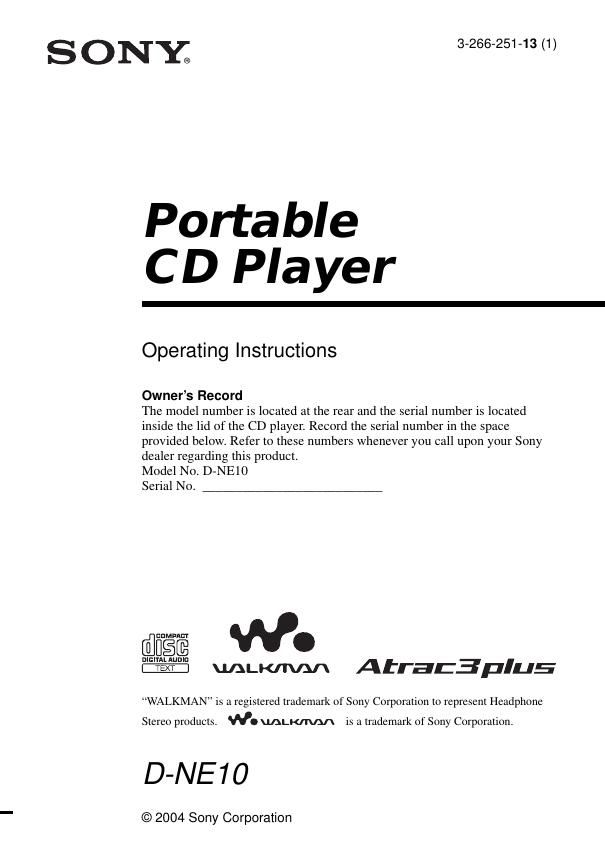 sony d ne 10 owners manual