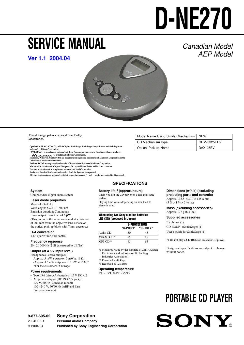 sony d ne 270 service manual