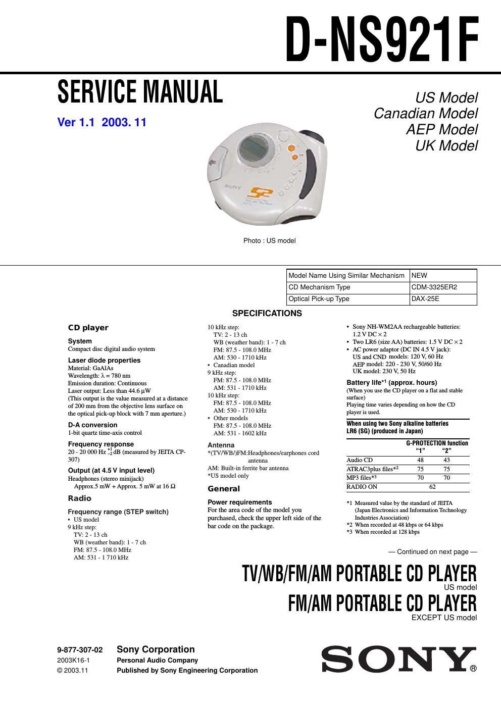 sony d ns 921 f service manual