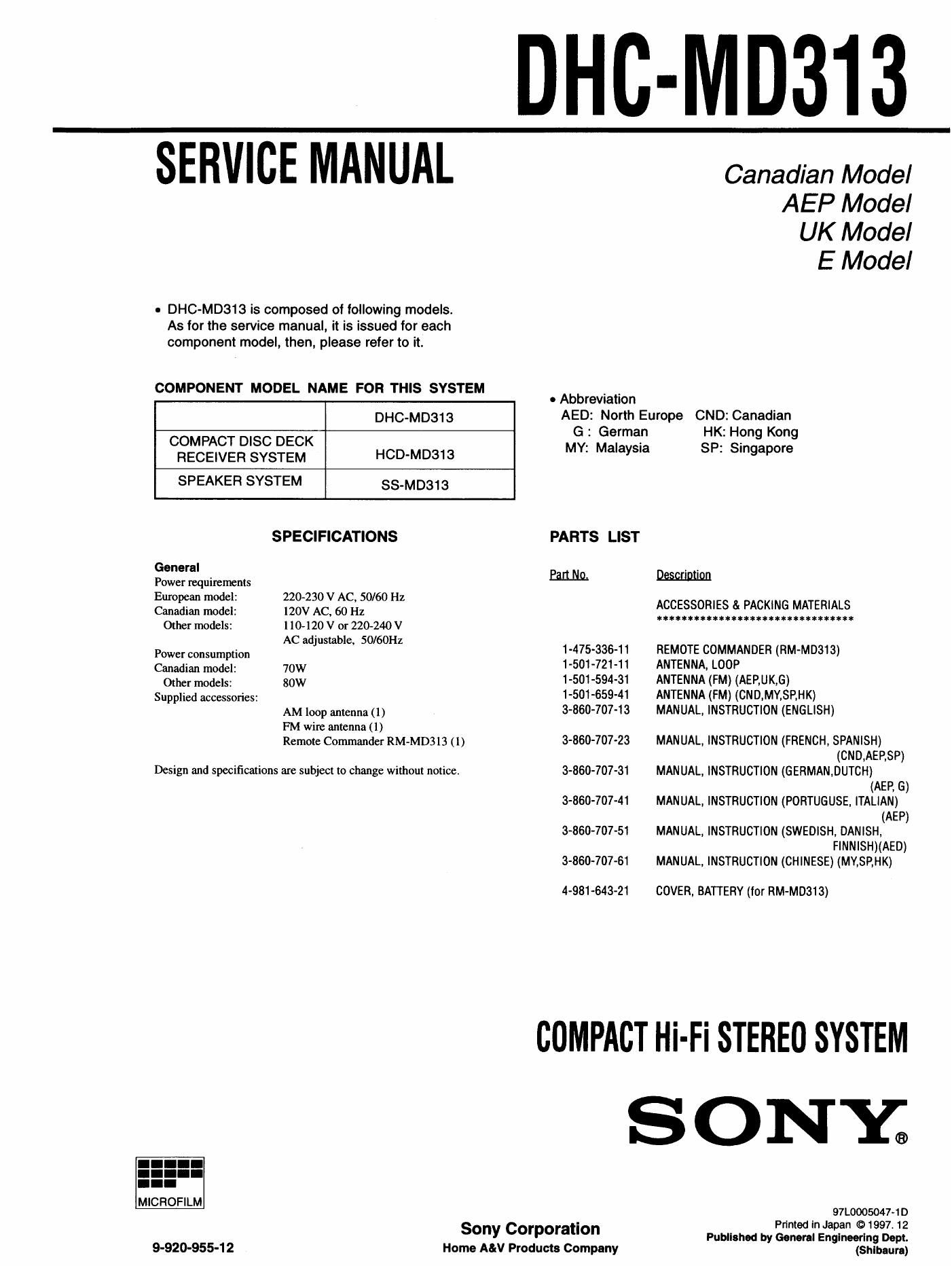 sony dhc md 313 service manual