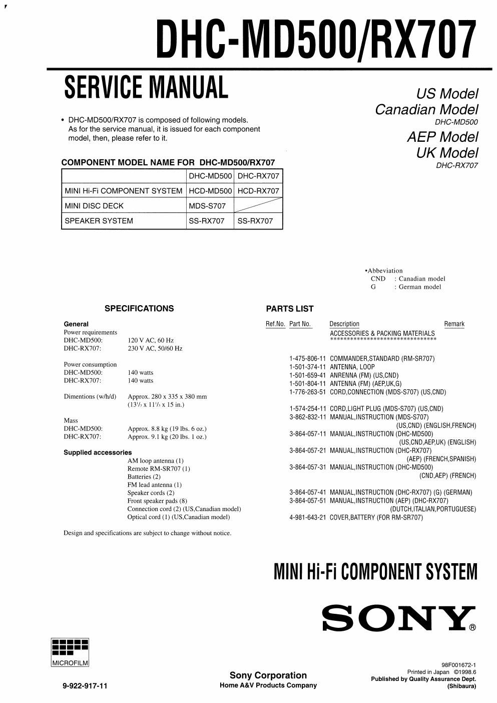 sony dhc md 500 service manual