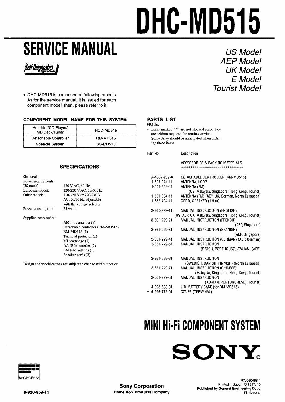 sony dhc md 515 service manual