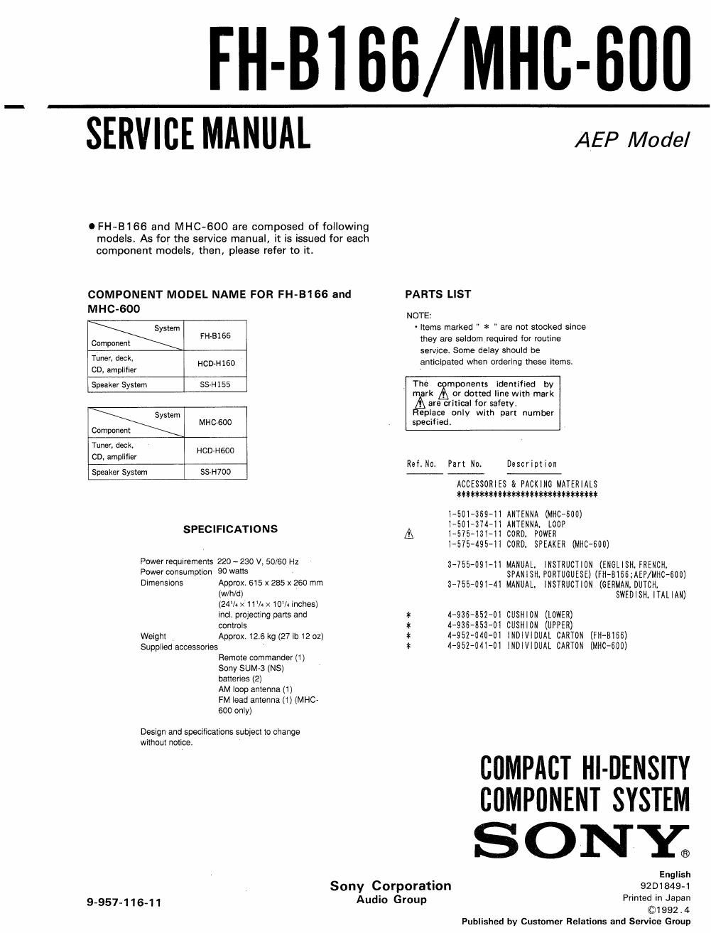 sony fh b 166 service manual