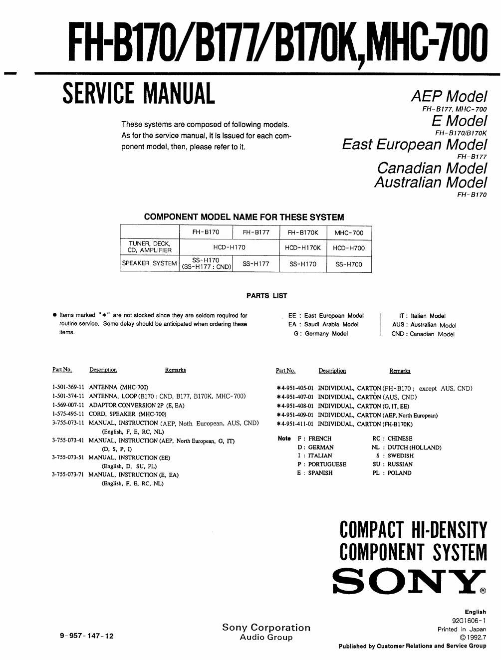 sony fh b 170 k service manual