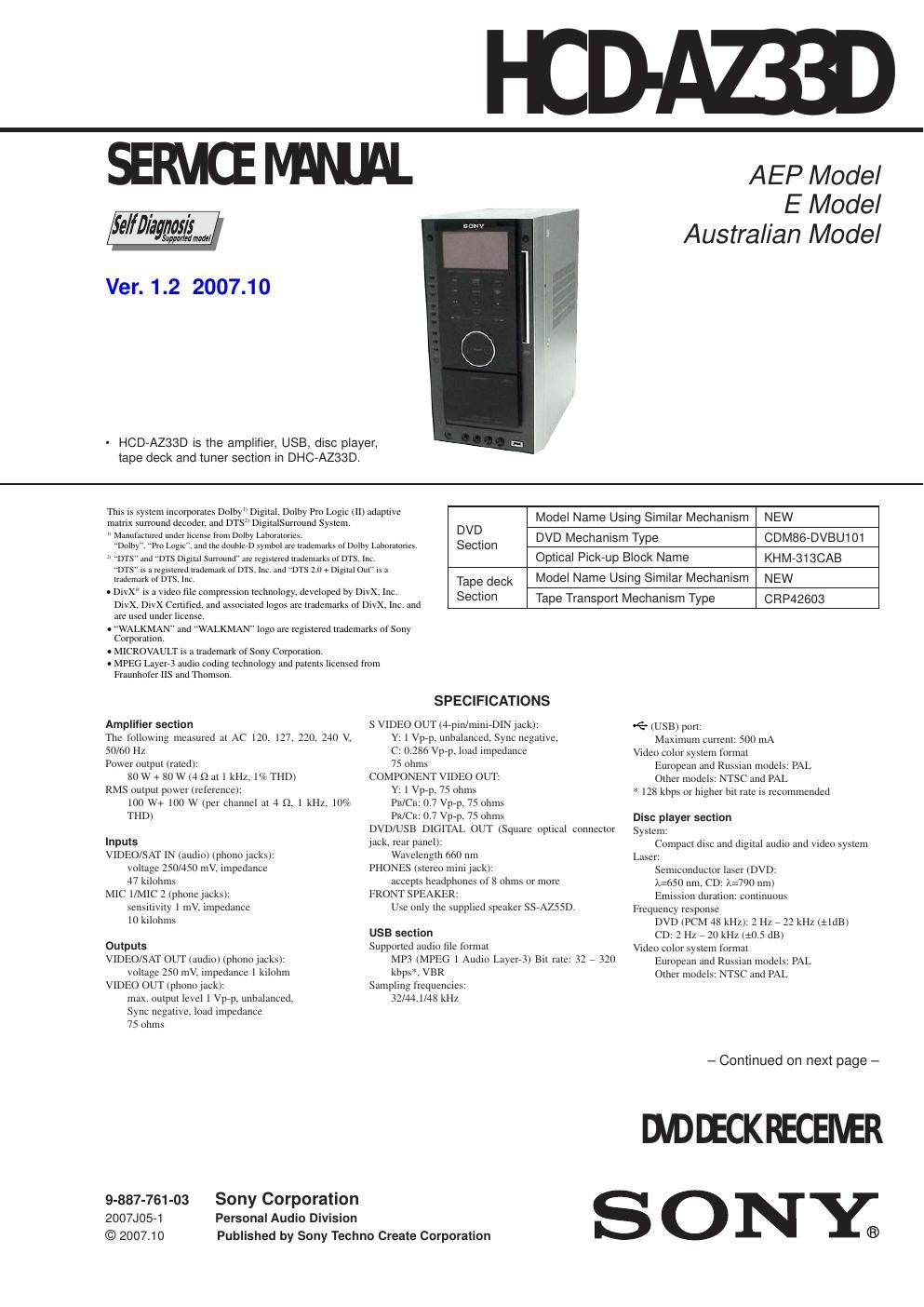 sony hcd az 33d service manual