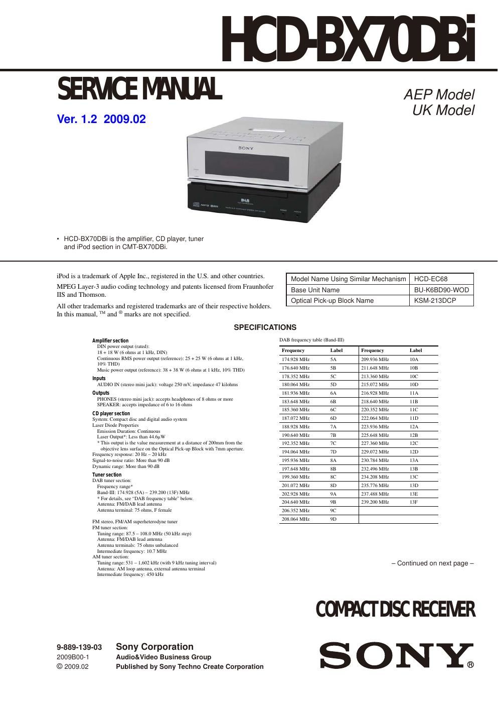 sony hcd bx 70dbi service manual