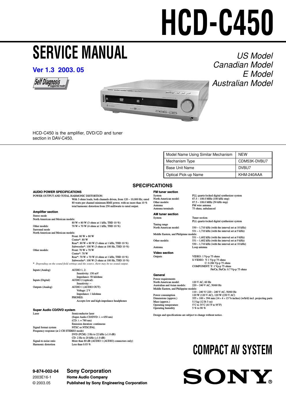 sony hcd c 450 service manual