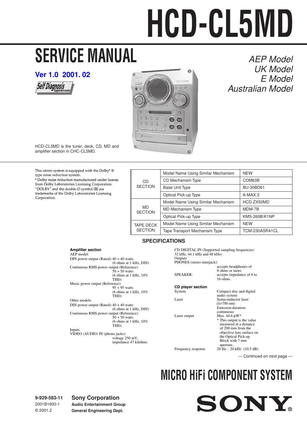 sony hcd cl 5 md service manual