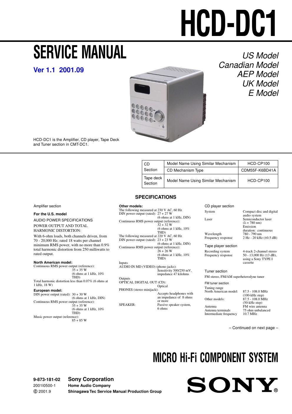 sony hcd dc 1 service manual