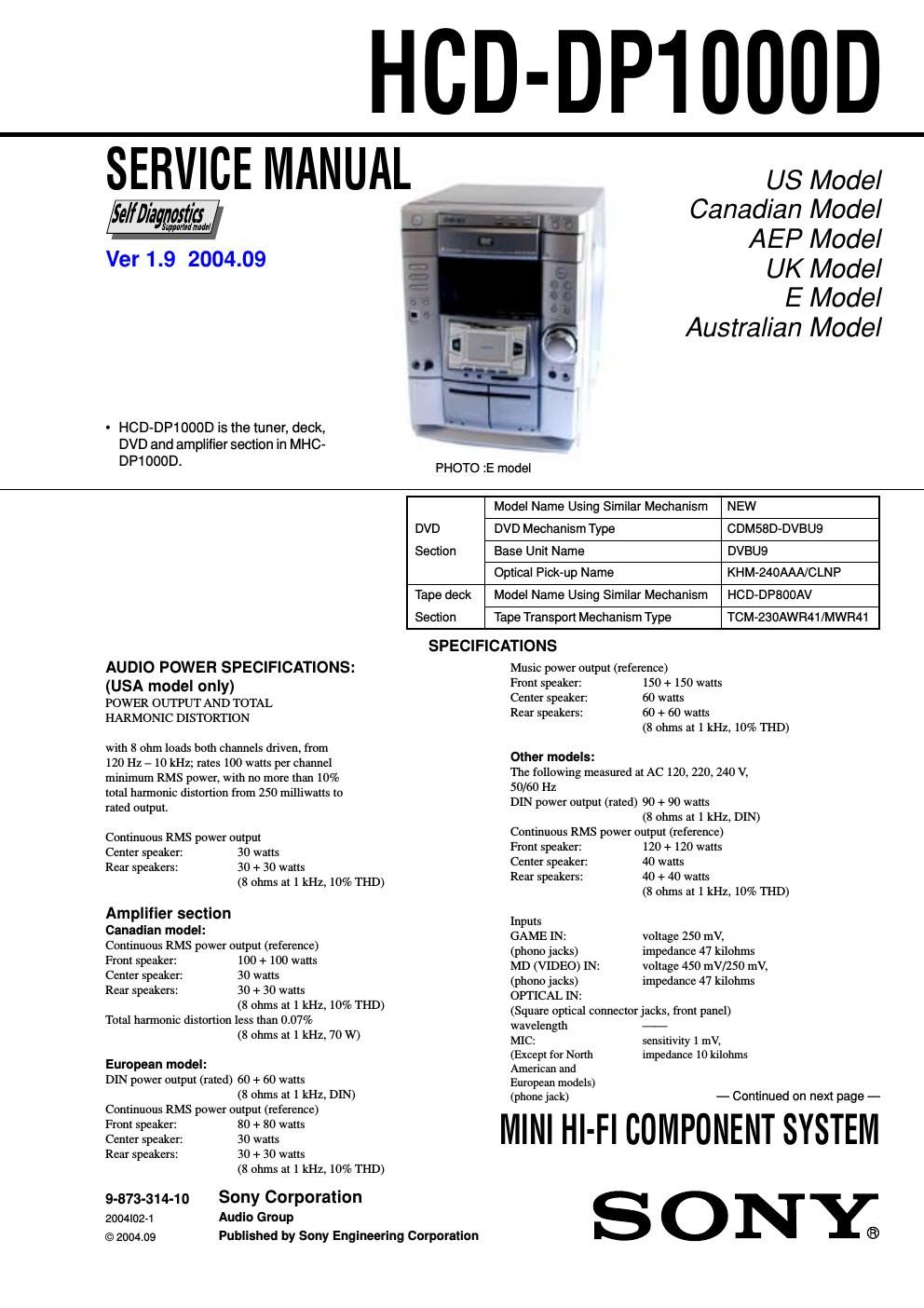 sony hcd dp 1000 d service manual