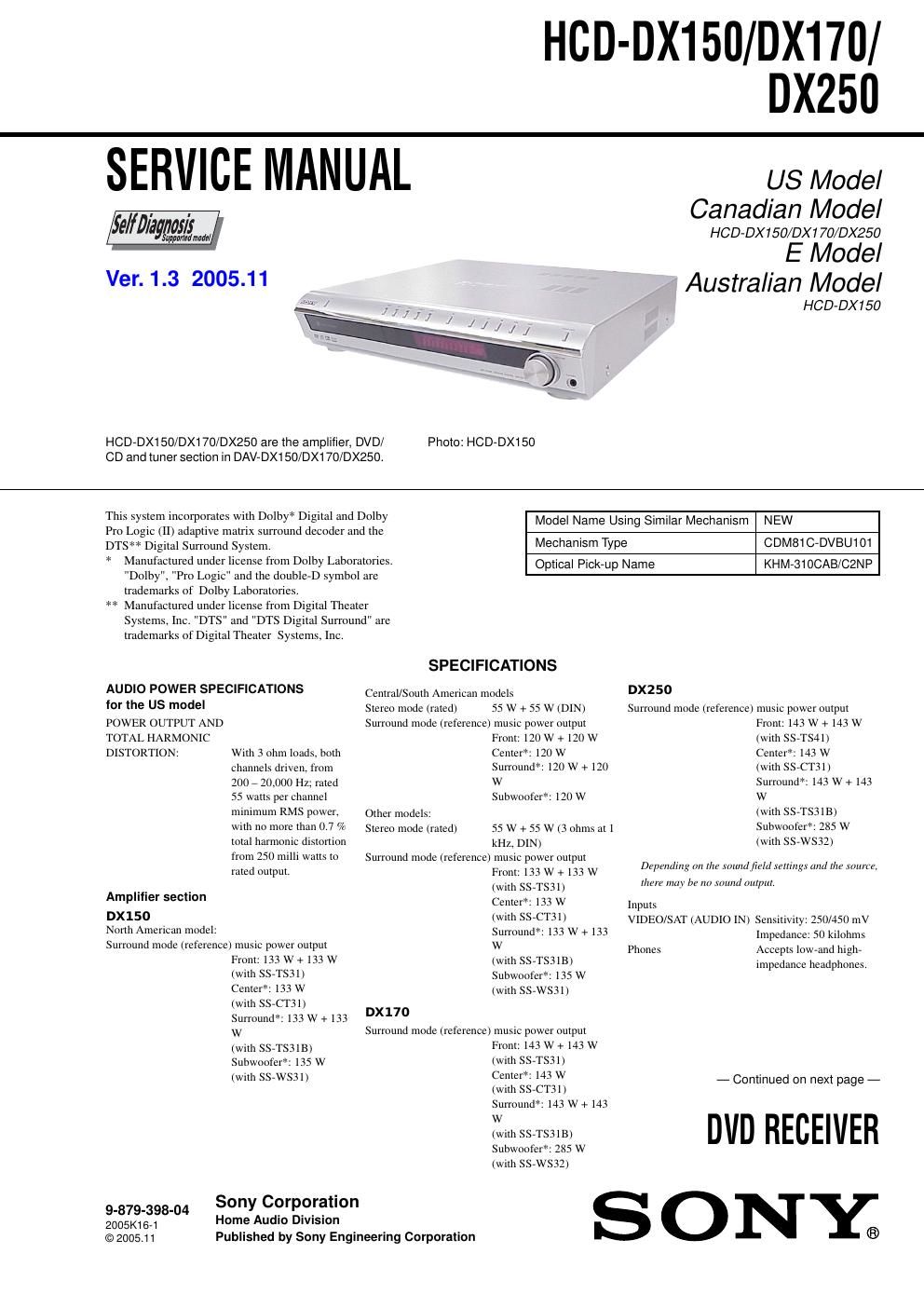 sony hcd dx 150 service manual