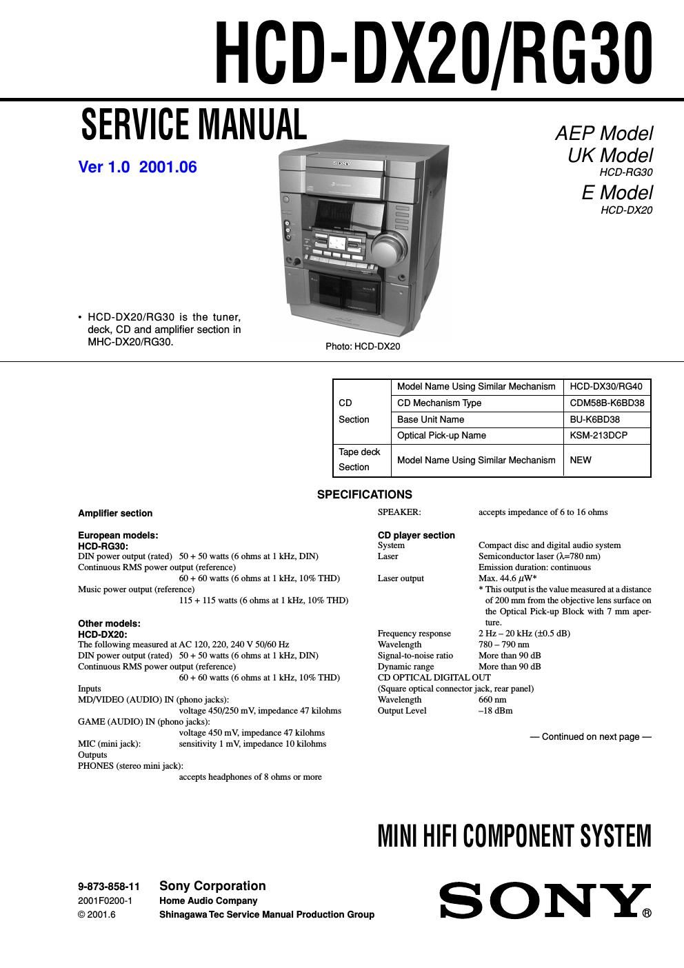 sony hcd dx 20 rg30vers1 0