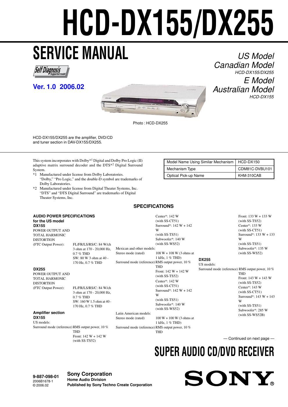 sony hcd dx 255 service manual