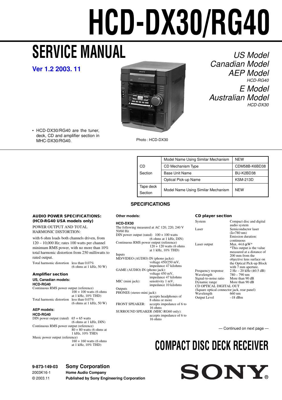 sony hcd dx 30 service manual